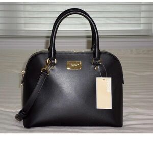 New Michael Kors Black Leather Satchel with Gold-Tone Plate